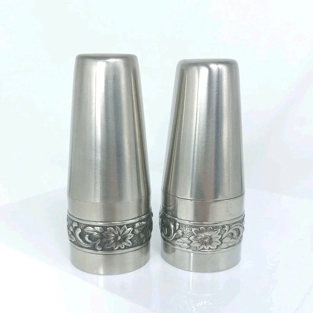 VTG 1970 Stanley Roberts ISC Salt & Pepper Shakers 18-8 Stainless Floral Japan